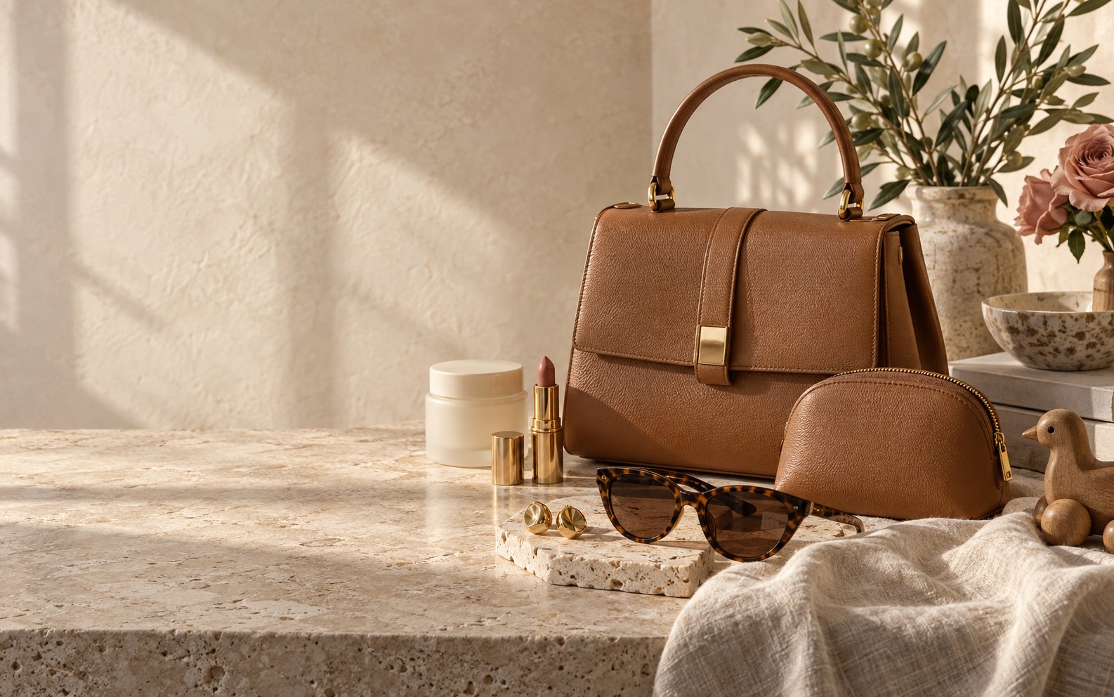Composição editorial com bolsa, óculos, acessórios, beleza e brinquedo